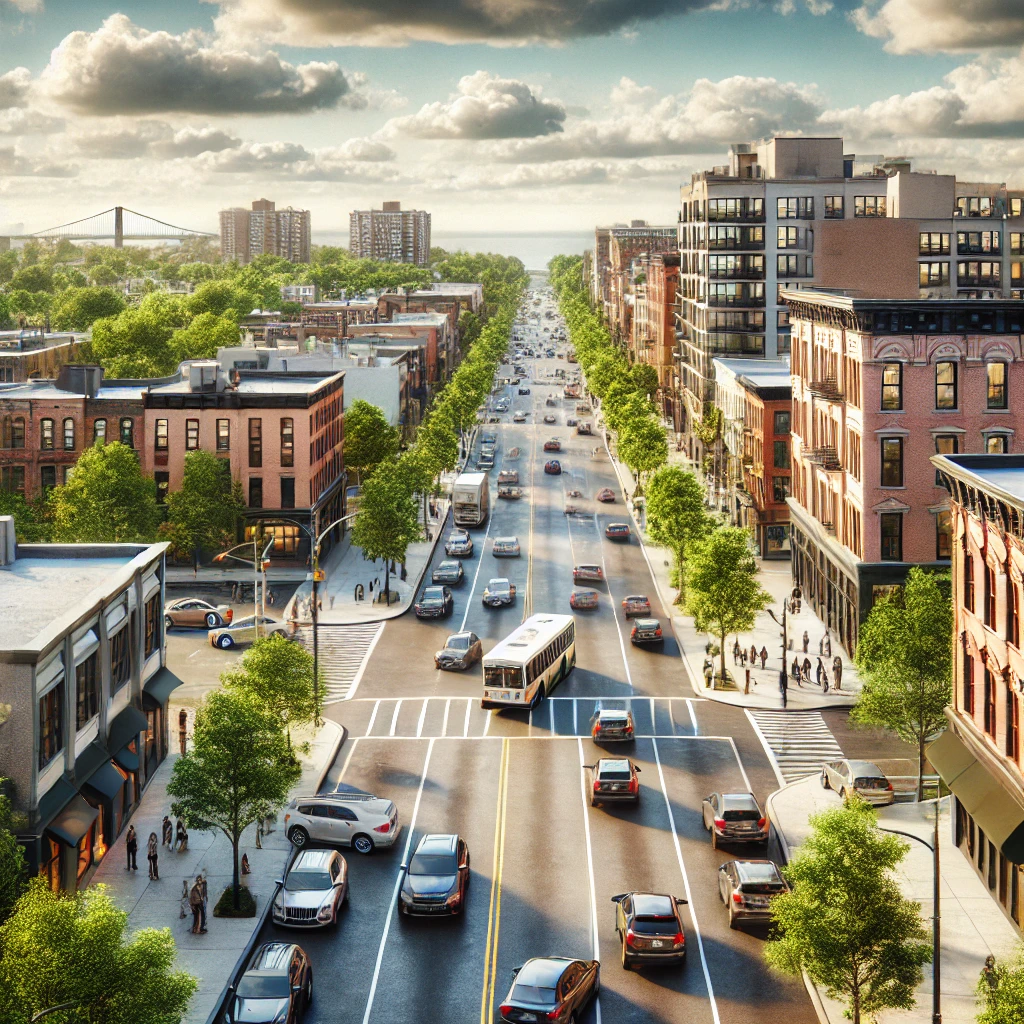 banner A realistic aerial view of a New Jersey cityscape featuring a busy street with cars driving and parked along the side. The scene includes a mix of mod.webp